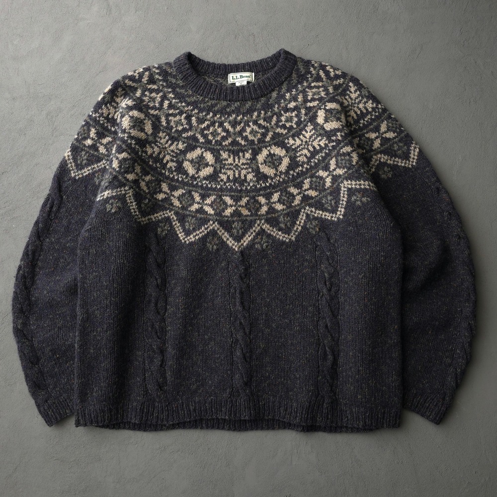 Vintage 90s LL Bean Grey Fair Isle Wool Silk Blend Sweater XL Cable Knit